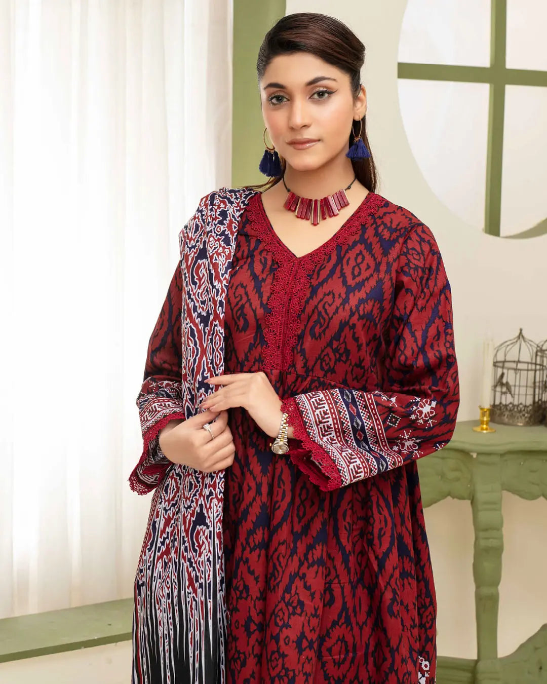 Samifa Presents Dua by Fiza Noor Branded 3 Pc Unstitched Printed Khaddar – Deep Maroon Red