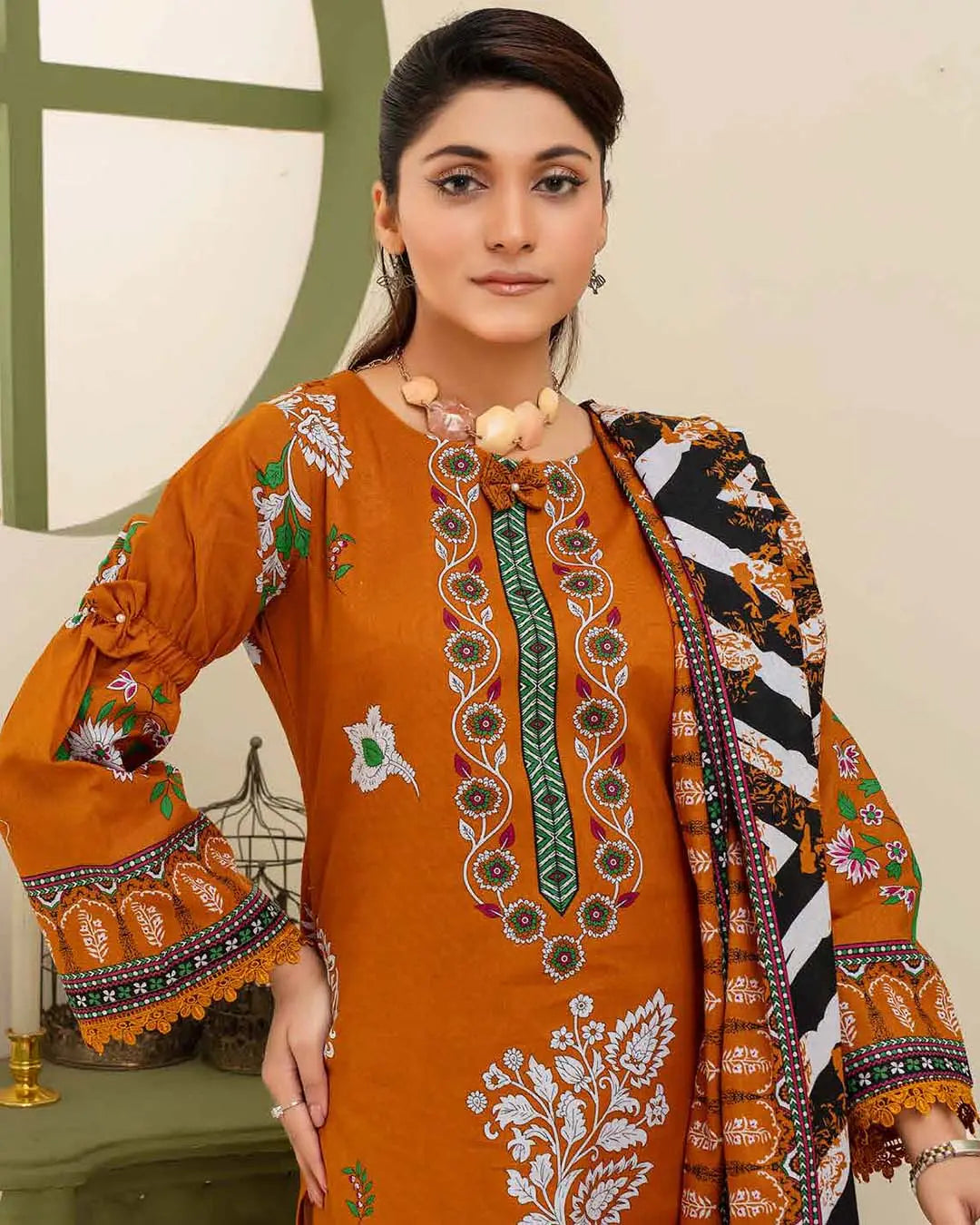 Samifa Presents Dua by Fiza Noor Branded 3 Pc Unstitched Printed Khaddar – Burnt Amber Orange