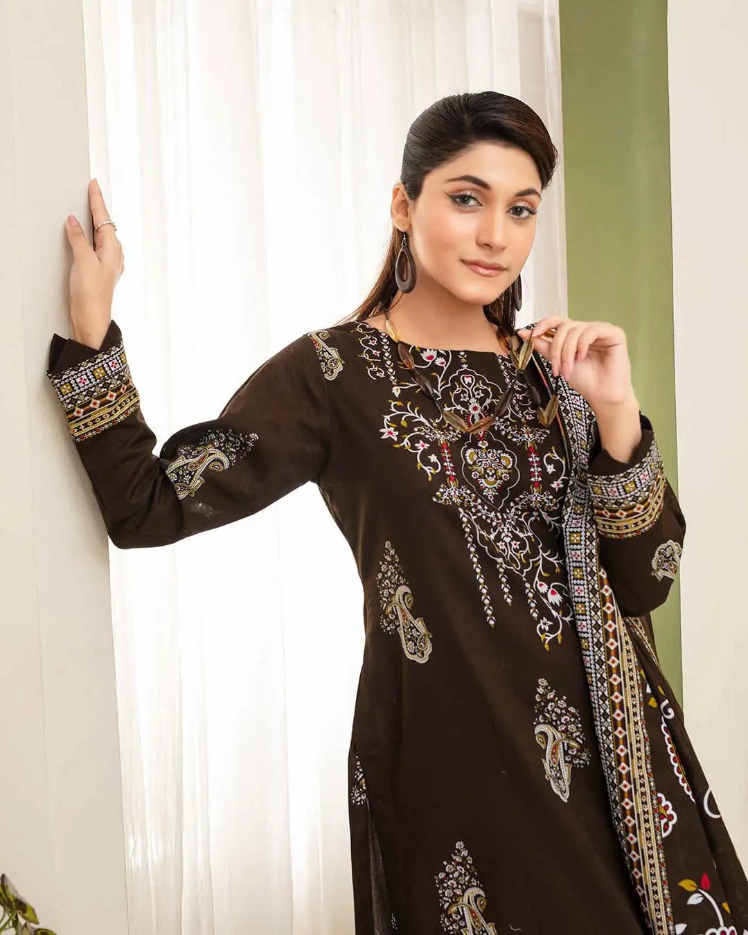 Samifa Presents Dua by Fiza Noor Branded 3 Pc Unstitched Khaddar – Deep Espresso Brown