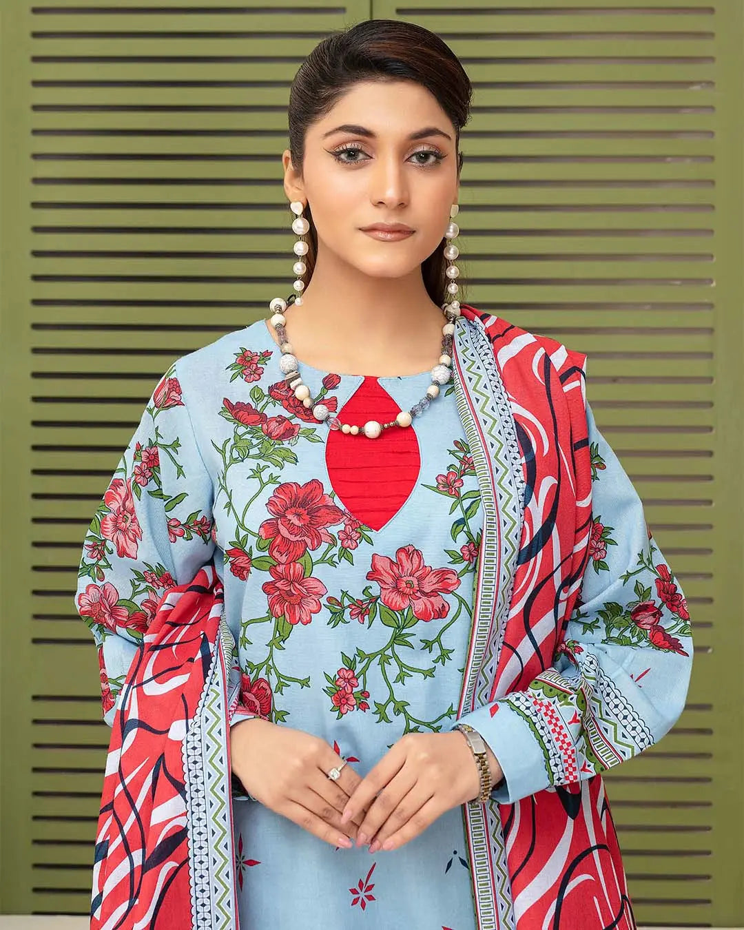 Samifa Presents Dua by Fiza Noor Branded 3 Pc Unstitched Printed Khaddar – Powder Sky Blue