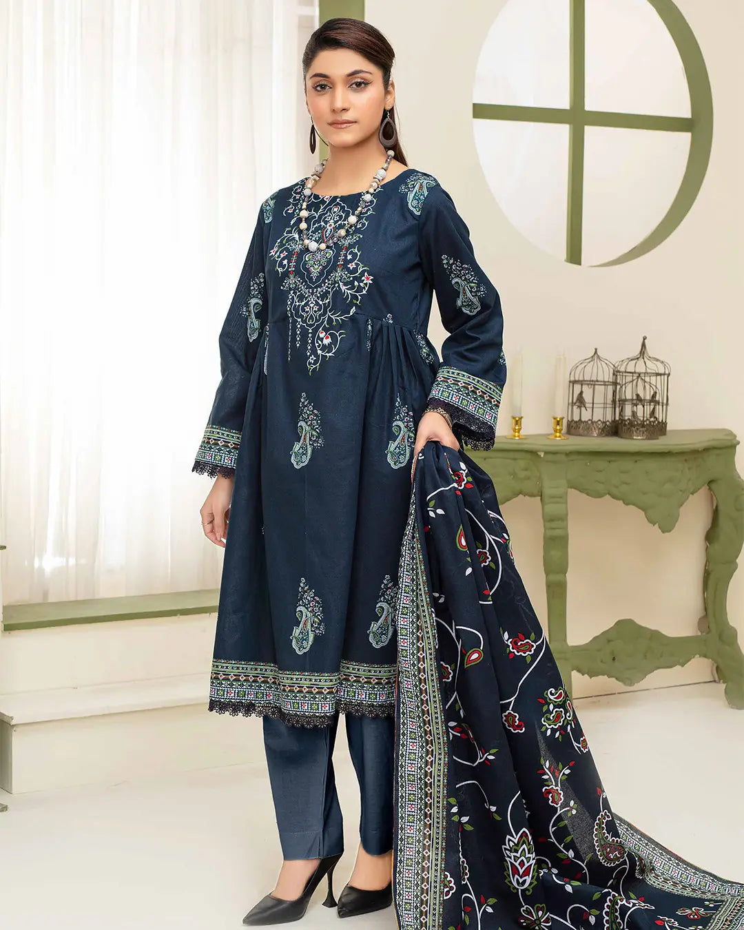 Samifa Presents Dua by Fiza Noor Branded 3 Pc Unstitched Printed Khaddar – Dusk Navy Blue