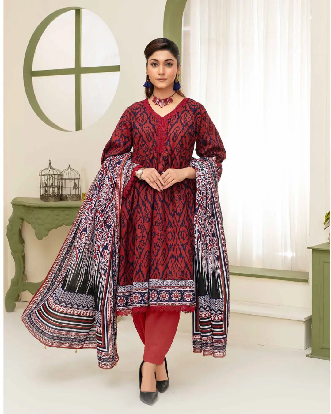 Samifa Presents Dua by Fiza Noor Branded 3 Pc Unstitched Printed Khaddar – Deep Maroon Red