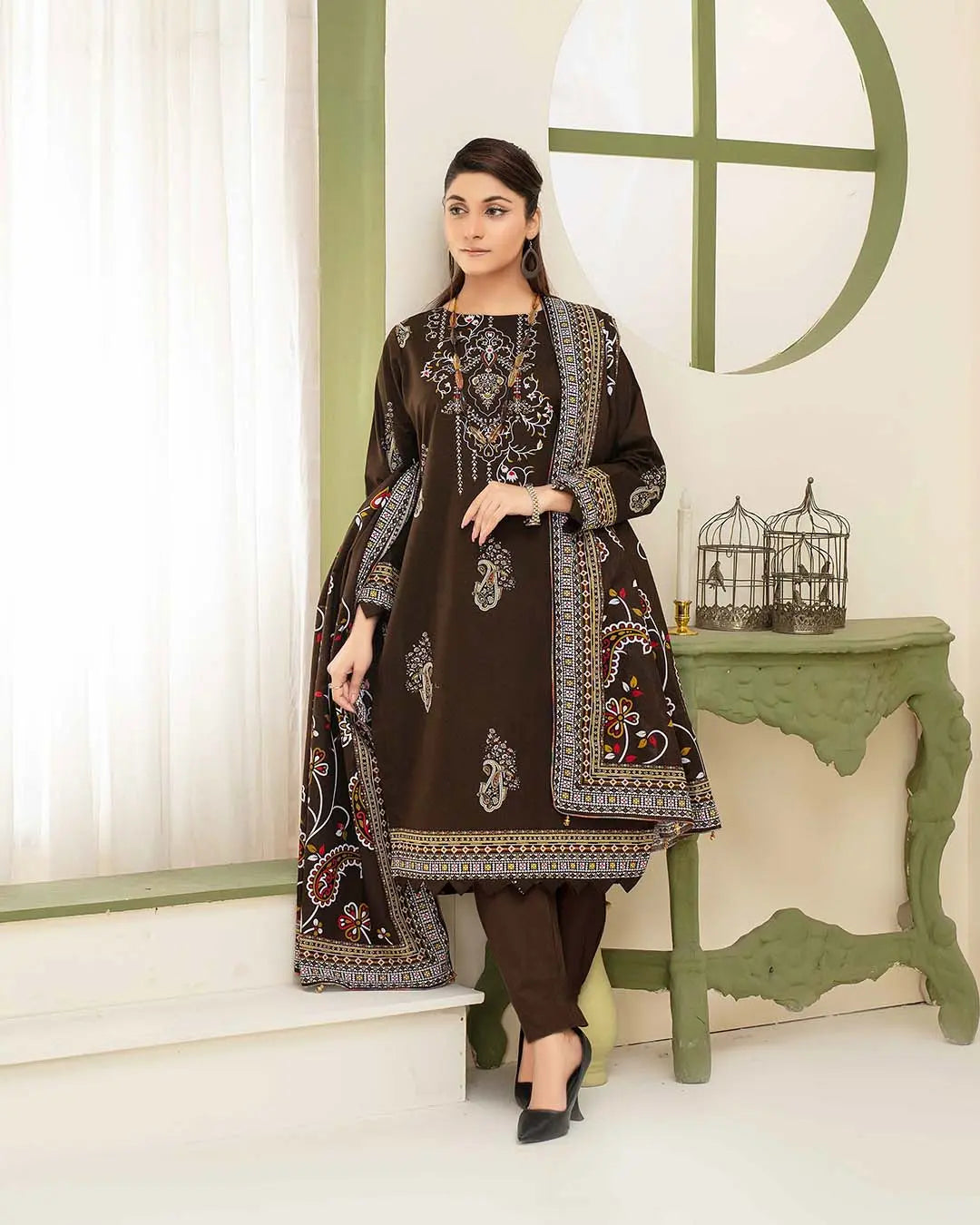 Samifa Presents Dua by Fiza Noor Branded 3 Pc Unstitched Khaddar – Deep Espresso Brown