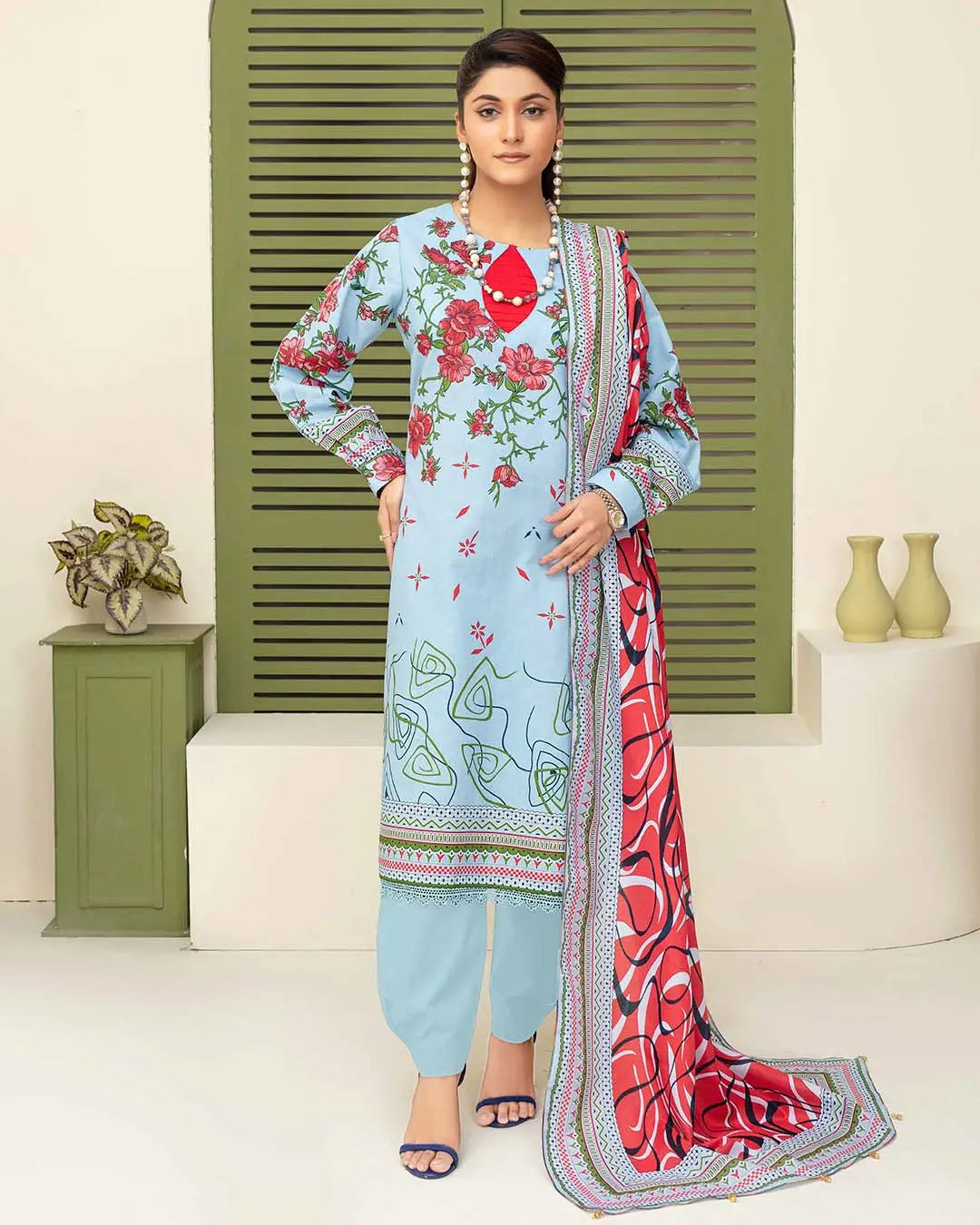Samifa Presents Dua by Fiza Noor Branded 3 Pc Unstitched Printed Khaddar – Powder Sky Blue