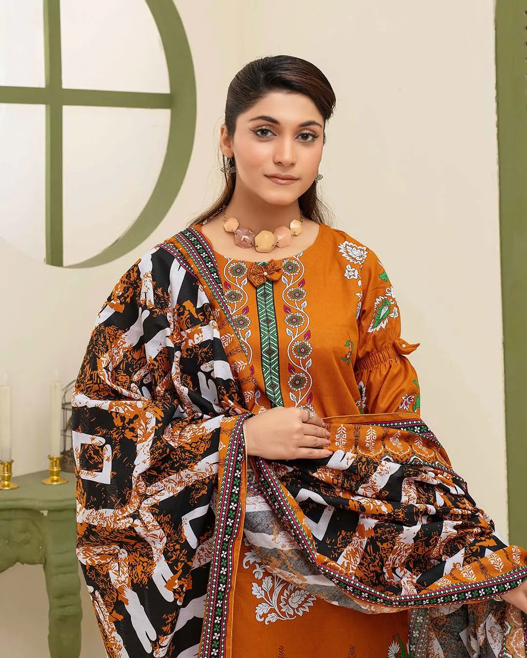 Samifa Presents Dua by Fiza Noor Branded 3 Pc Unstitched Printed Khaddar – Burnt Amber Orange