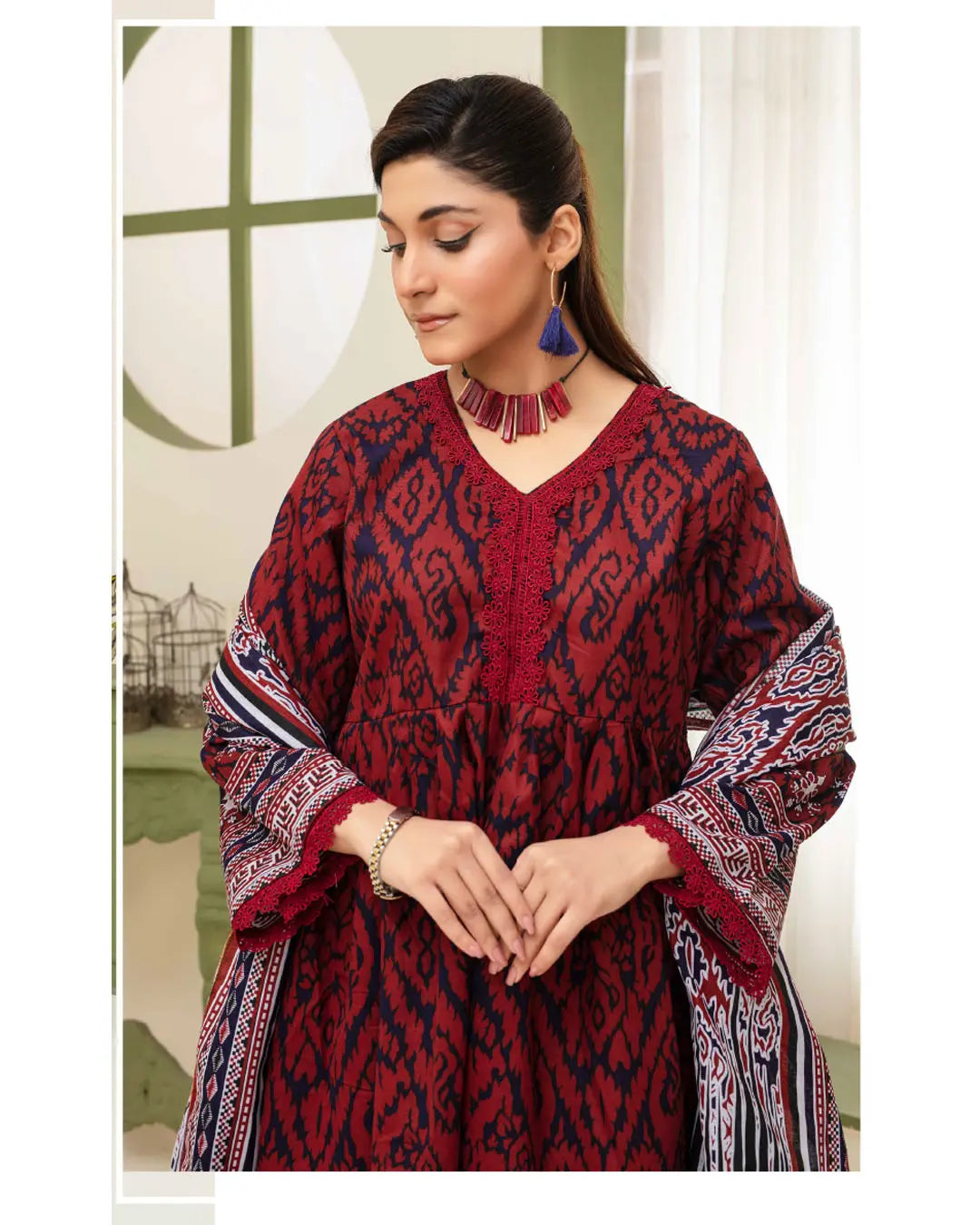 Samifa Presents Dua by Fiza Noor Branded 3 Pc Unstitched Printed Khaddar – Deep Maroon Red