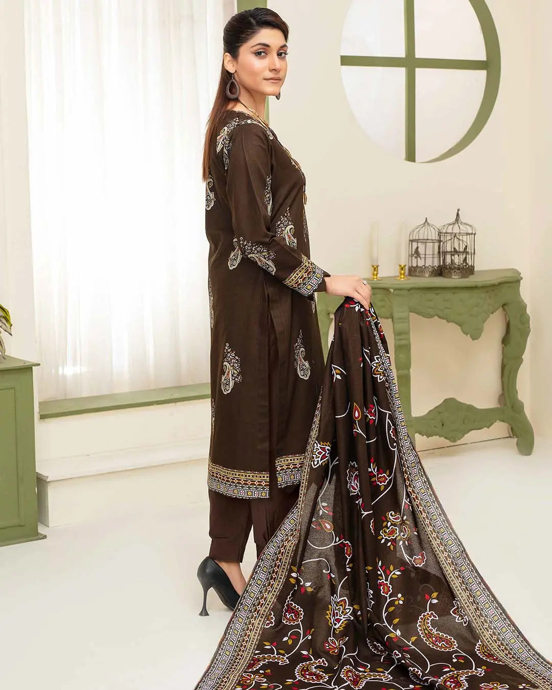 Samifa Presents Dua by Fiza Noor Branded 3 Pc Unstitched Khaddar – Deep Espresso Brown