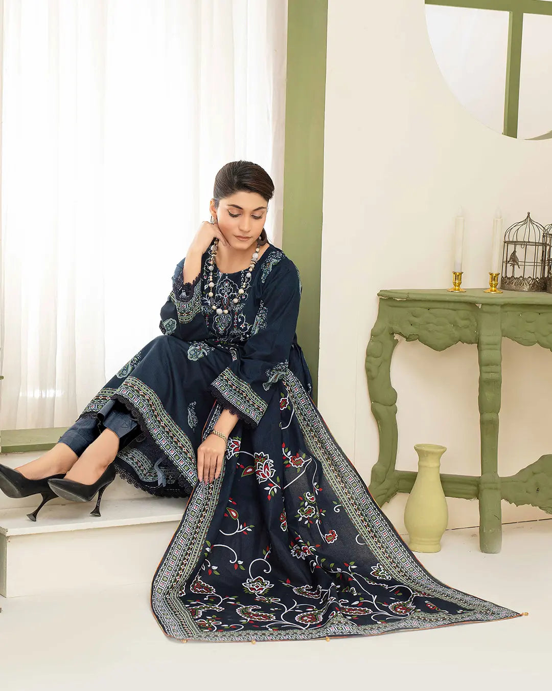 Samifa Presents Dua by Fiza Noor Branded 3 Pc Unstitched Printed Khaddar – Dusk Navy Blue