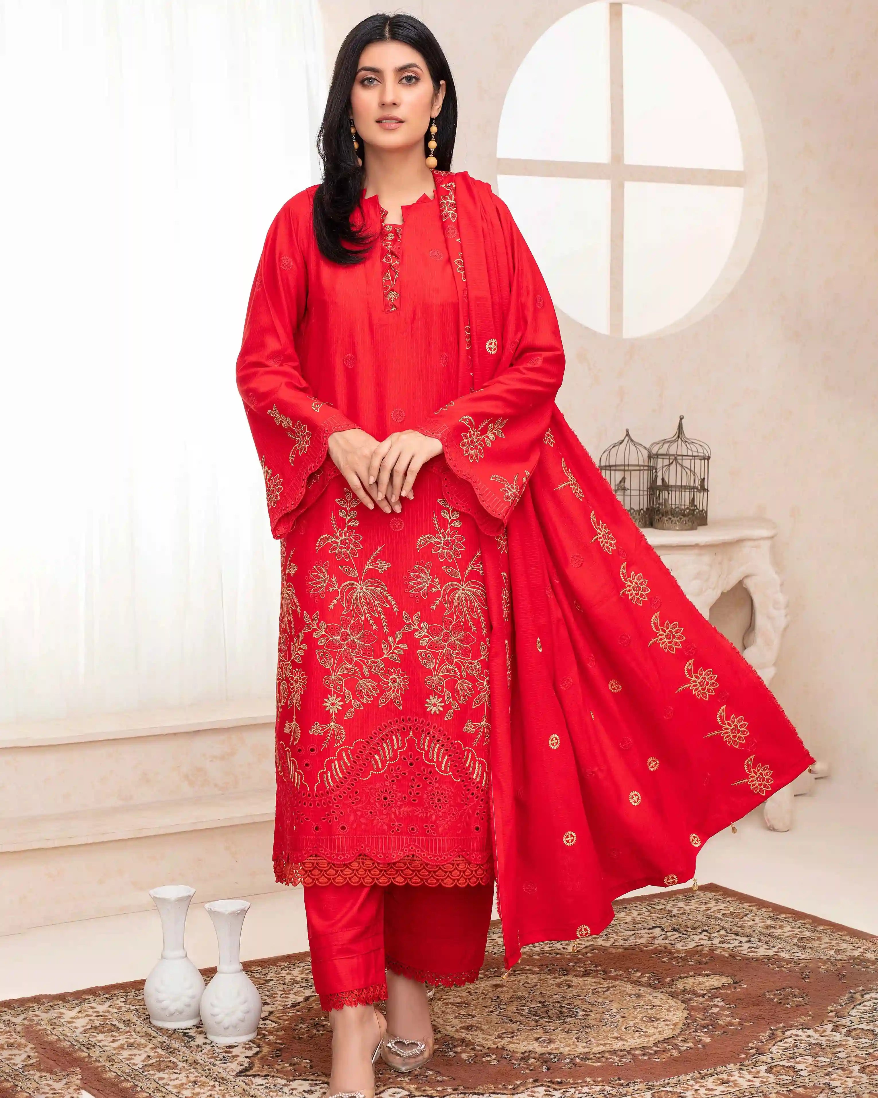 Samifa Presents Fiza Noor Unstitched Nikhar Winter Collection 3 Pc Embroidered Festival Linen – Crimson Red