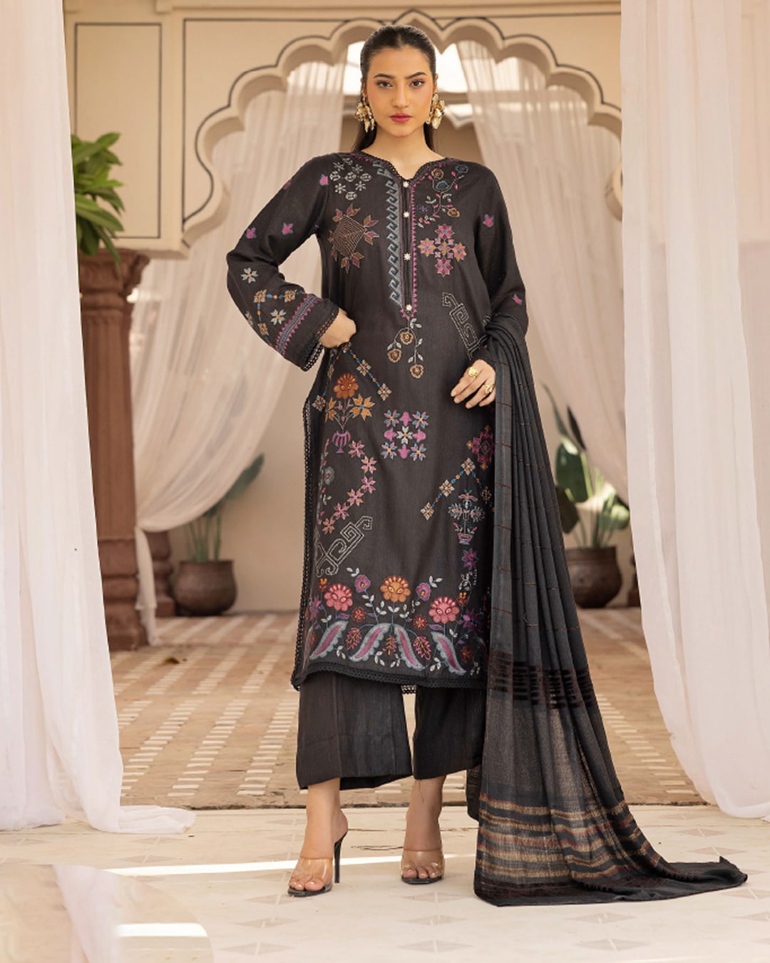 Samifa Presents Khubsurat By Nur Luxurious Embroidered Leather Winter 3Pc Unstitched Suit with Wool Border Shawl – Charcoal Brown