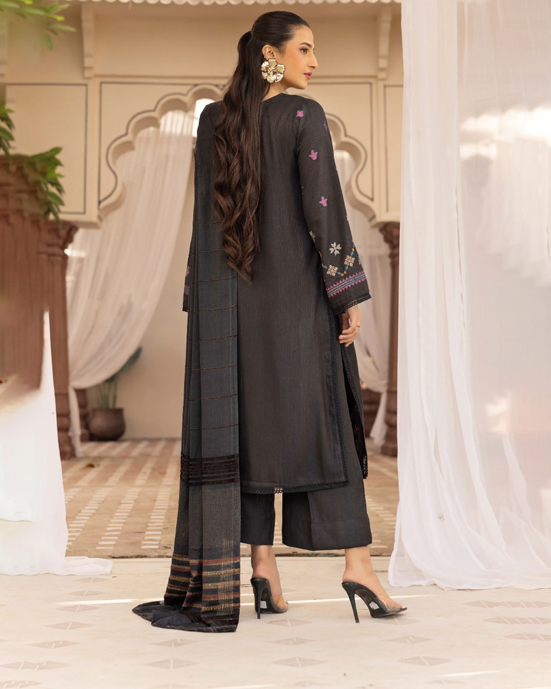 Samifa Presents Khubsurat By Nur Luxurious Embroidered Leather Winter 3Pc Unstitched Suit with Wool Border Shawl – Charcoal Brown