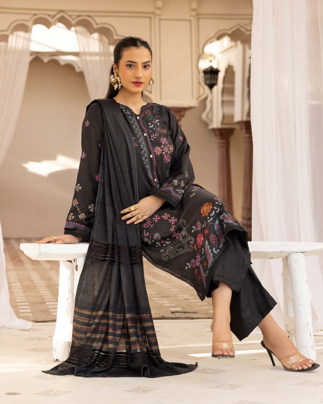 Samifa Presents Khubsurat By Nur Luxurious Embroidered Leather Winter 3Pc Unstitched Suit with Wool Border Shawl – Charcoal Brown