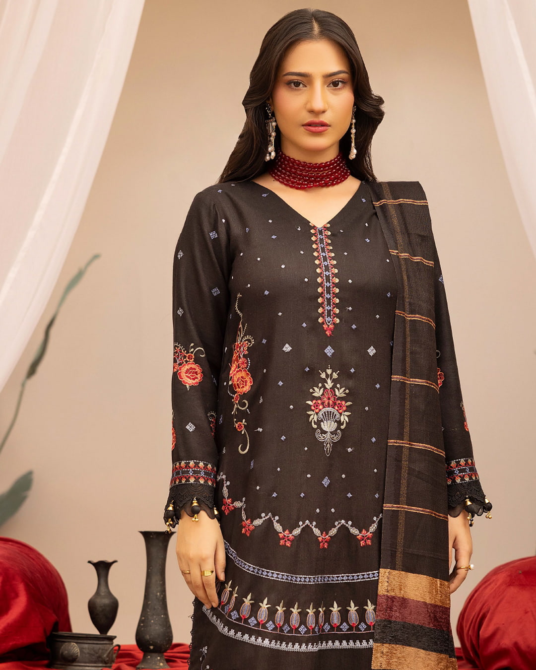 Samifa Presents Khubsurat By Nur Luxurious Embroidered Leather Winter 3Pc Unstitched Suit with Wool Border Shawl – Charcoal
