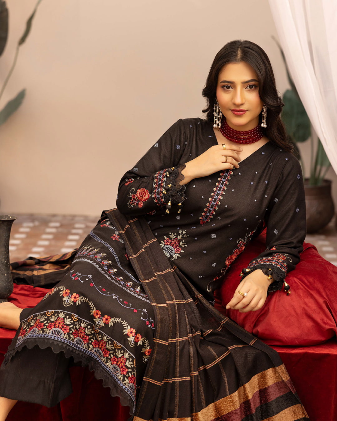 Samifa Presents Khubsurat By Nur Luxurious Embroidered Leather Winter 3Pc Unstitched Suit with Wool Border Shawl – Charcoal