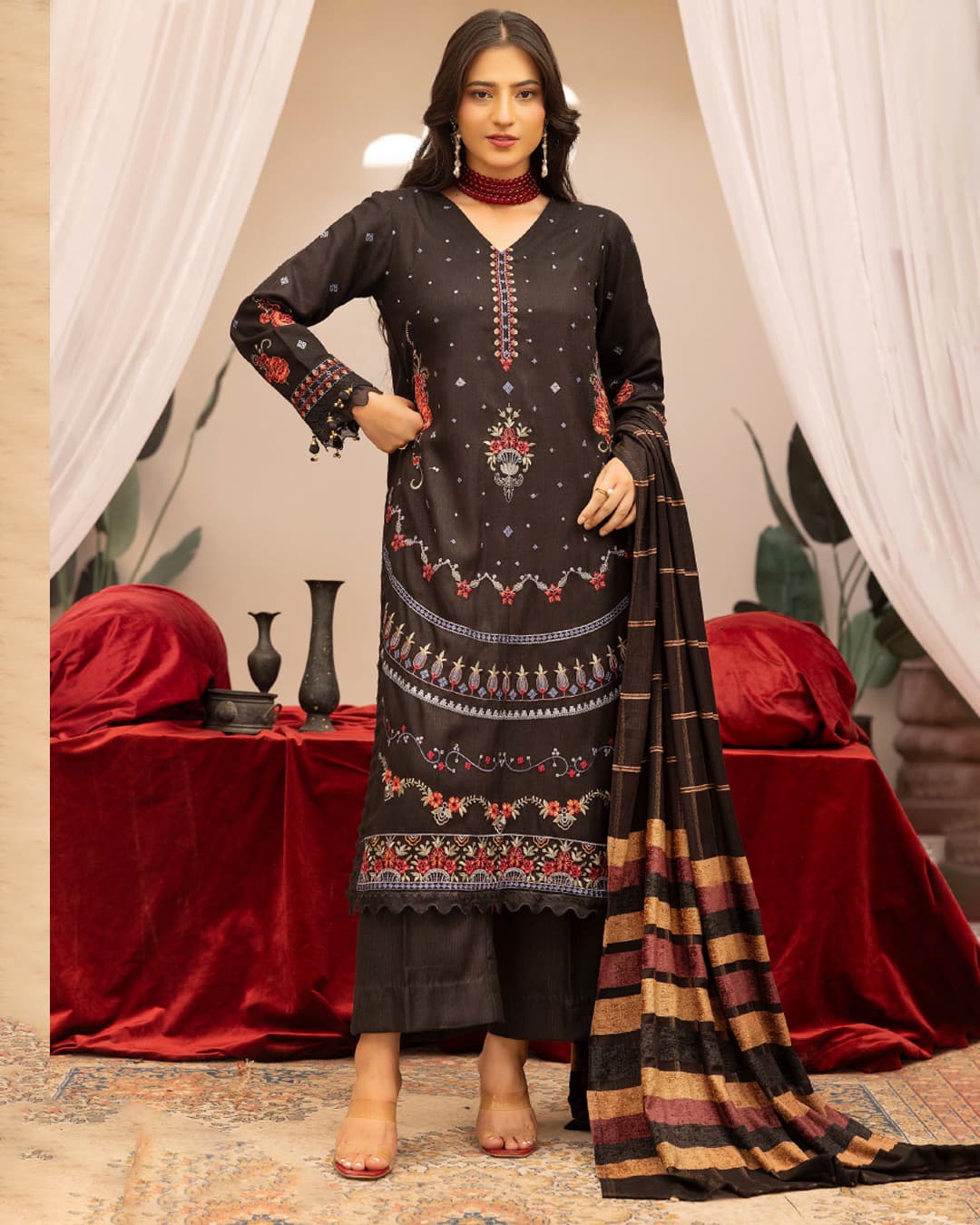 Samifa Presents Khubsurat By Nur Luxurious Embroidered Leather Winter 3Pc Unstitched Suit with Wool Border Shawl – Charcoal