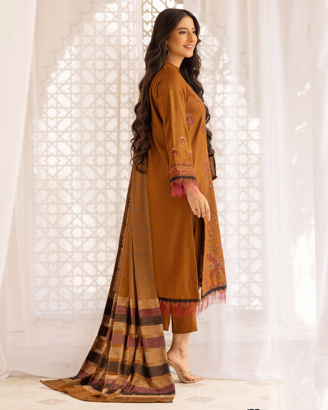 Samifa Presents Khubsurat By Nur Luxurious Embroidered Leather Winter 3Pc Unstitched Suit with Wool Border Shawl – Rust Brown