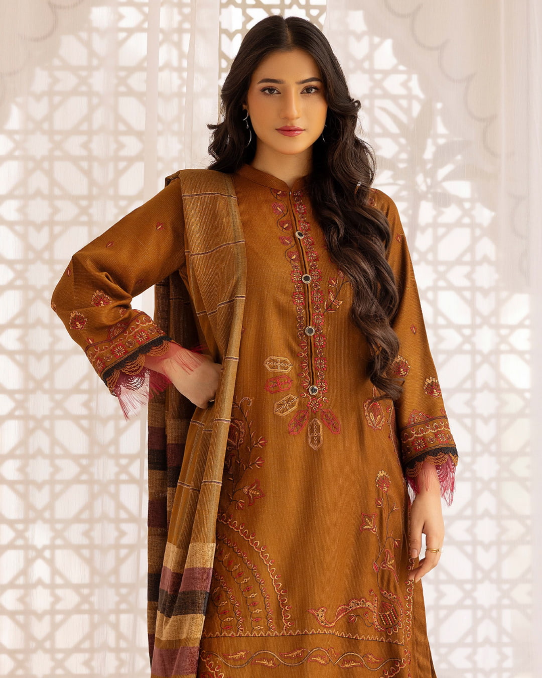 Samifa Presents Khubsurat By Nur Luxurious Embroidered Leather Winter 3Pc Unstitched Suit with Wool Border Shawl – Rust Brown