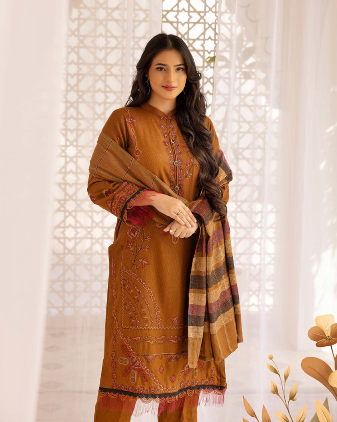 Samifa Presents Khubsurat By Nur Luxurious Embroidered Leather Winter 3Pc Unstitched Suit with Wool Border Shawl – Rust Brown