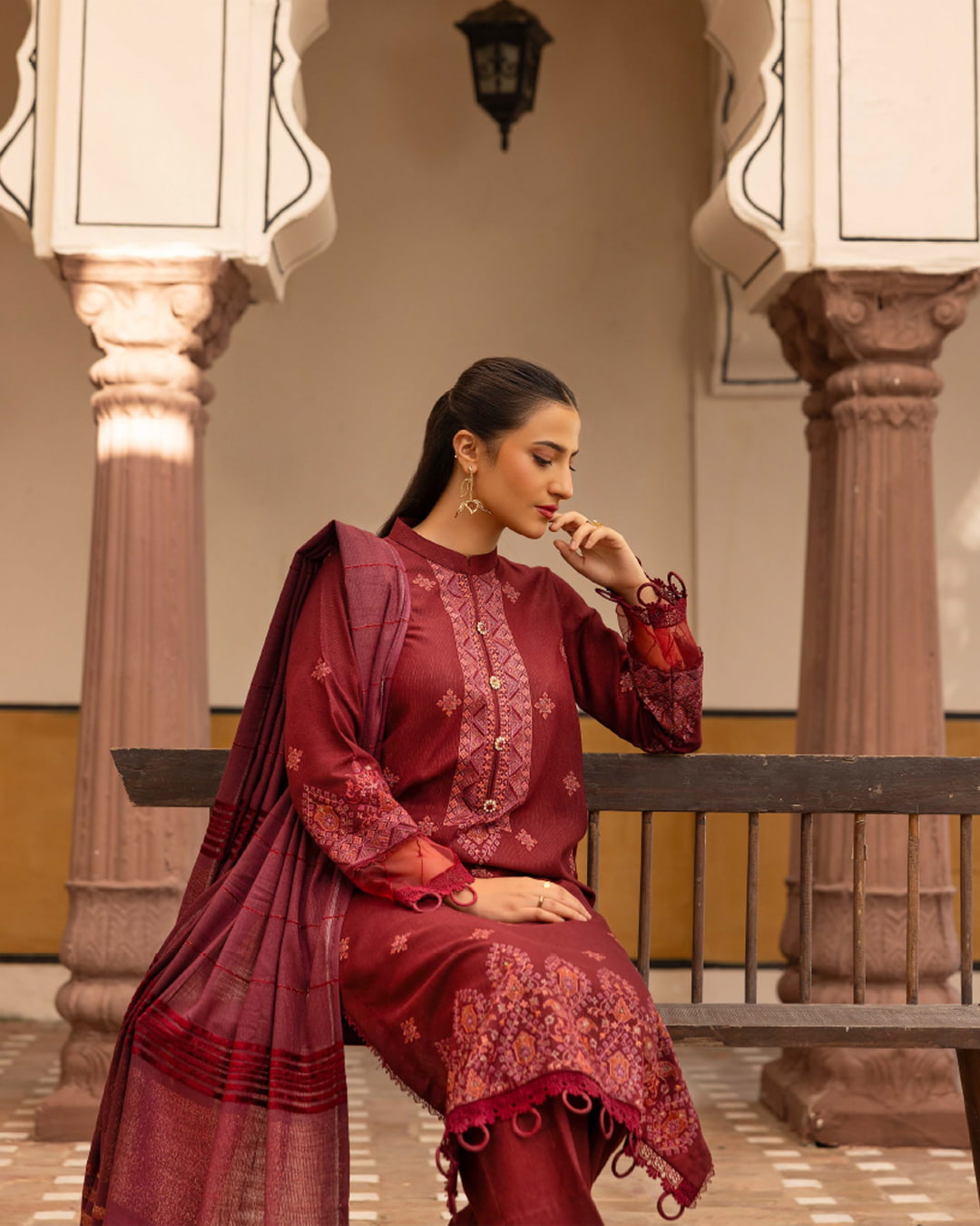 Samifa Presents Khubsurat By Nur Luxurious Embroidered Leather Winter 3Pc Unstitched Suit with Wool Border Shawl – Rosewood Red