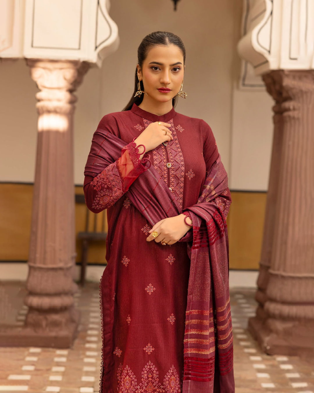 Samifa Presents Khubsurat By Nur Luxurious Embroidered Leather Winter 3Pc Unstitched Suit with Wool Border Shawl – Rosewood Red