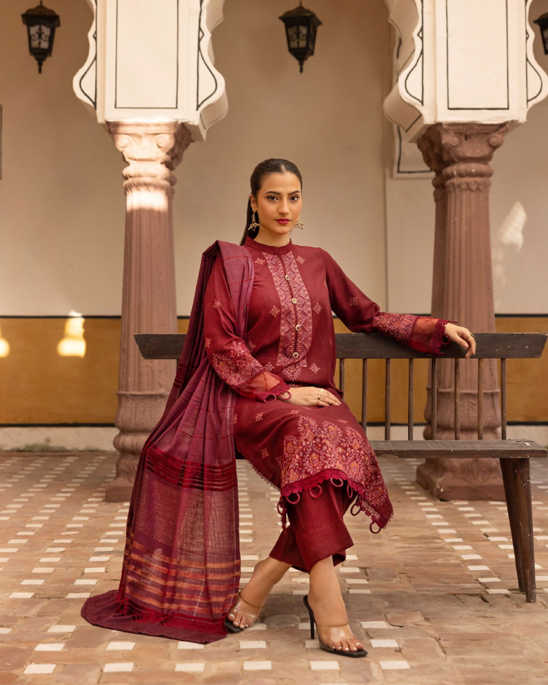Samifa Presents Khubsurat By Nur Luxurious Embroidered Leather Winter 3Pc Unstitched Suit with Wool Border Shawl – Rosewood Red