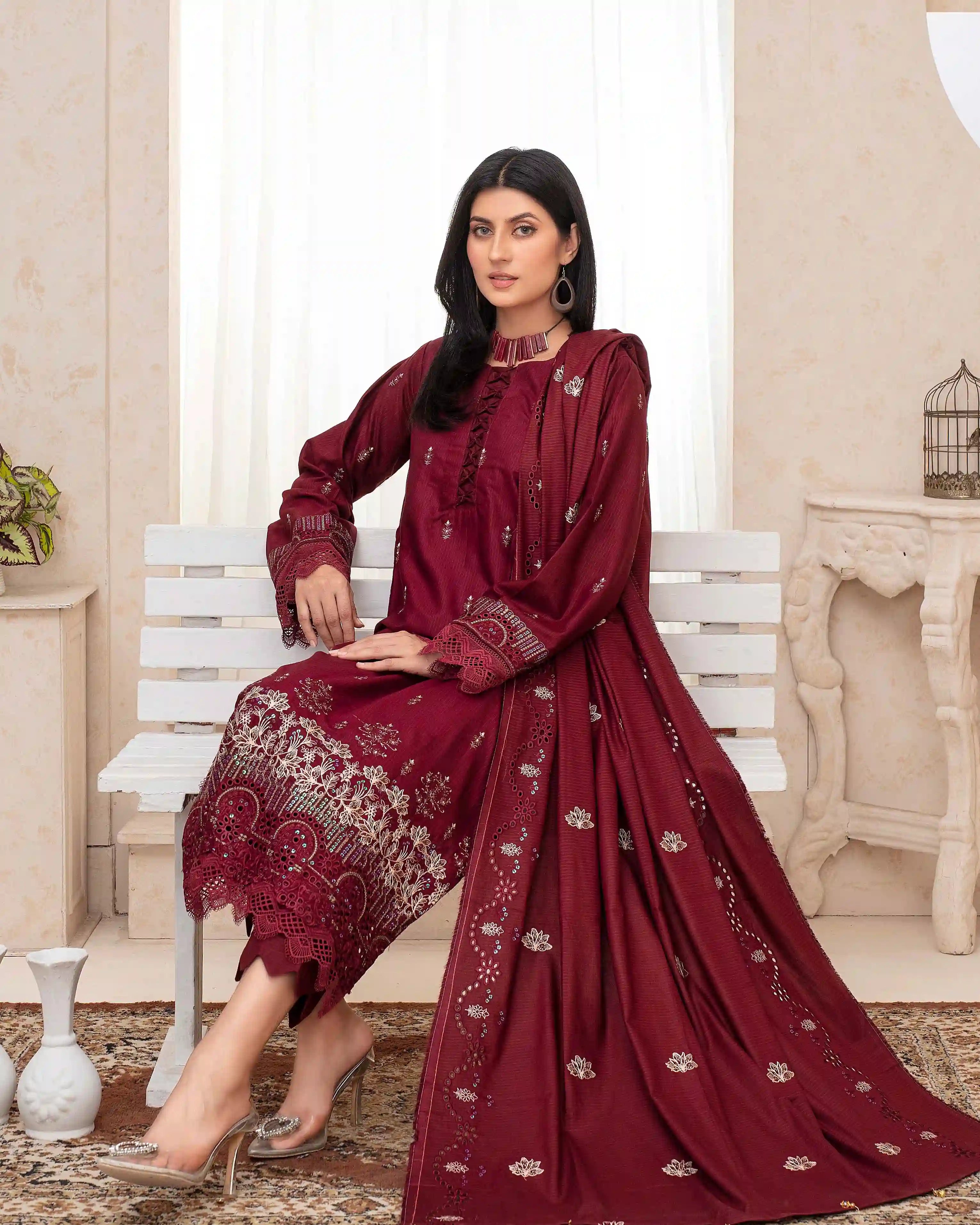 Samifa Presents Fiza Noor Unstitched Nikhar Winter Collection 3 Pc Embroidered Festival Linen – Dark Ruby Red