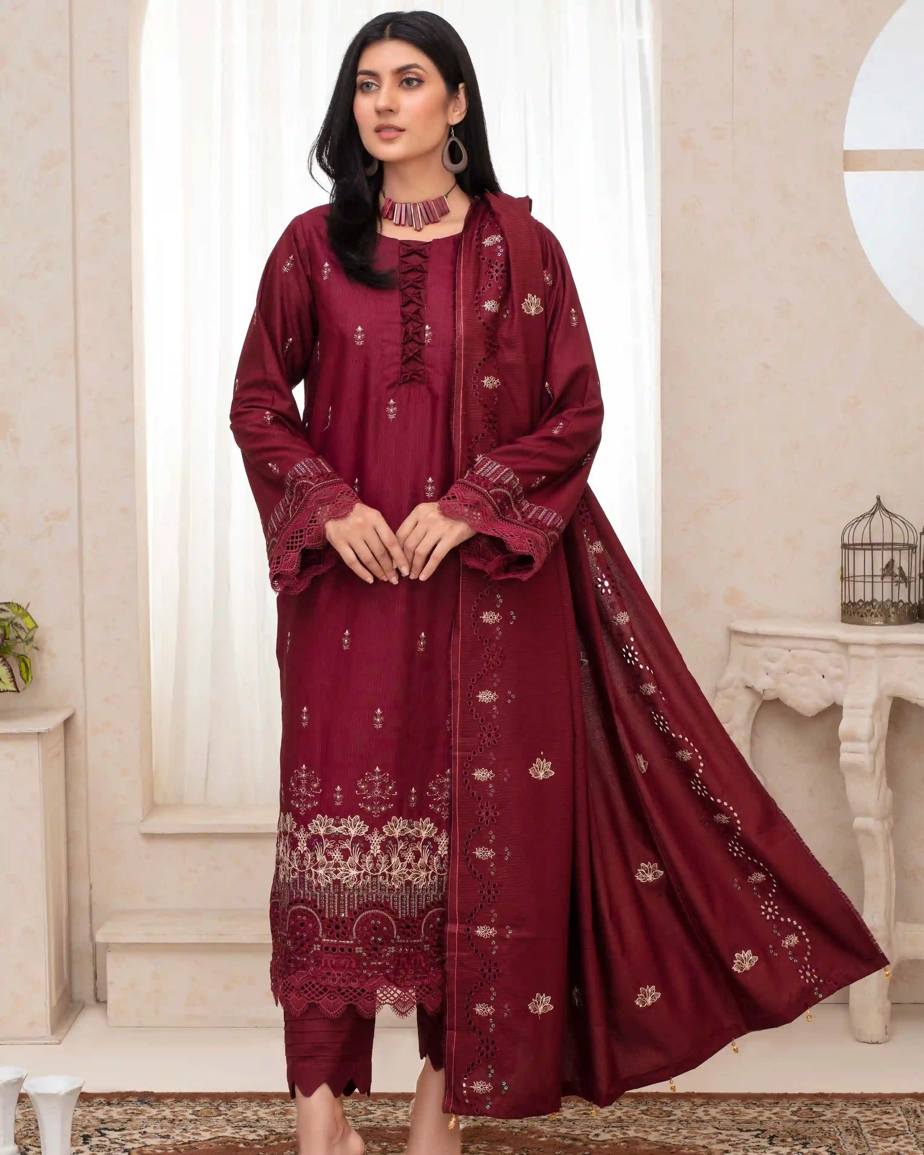 Samifa Presents Fiza Noor Unstitched Nikhar Winter Collection 3 Pc Embroidered Festival Linen – Dark Ruby Red