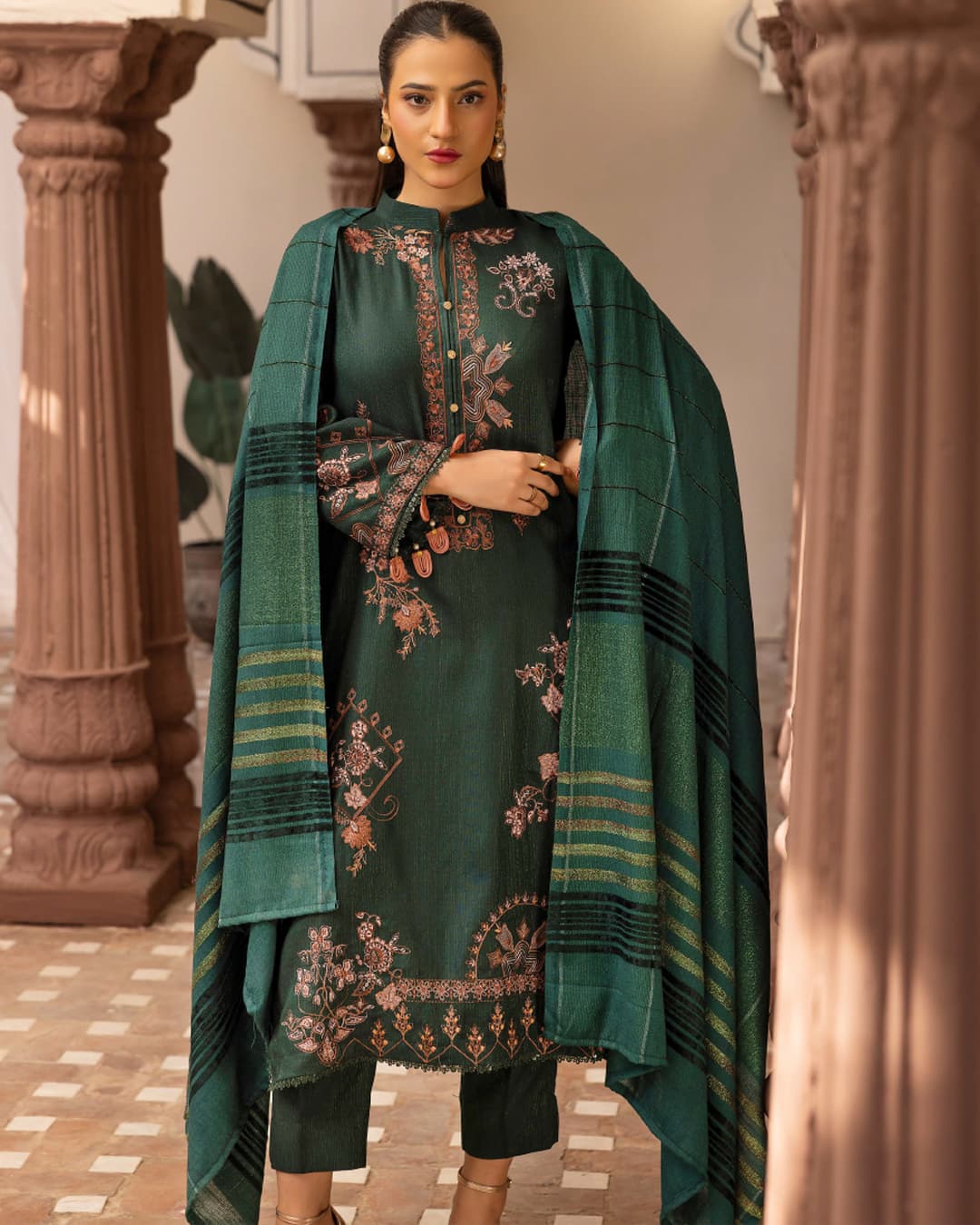 Samifa Presents Khubsurat By Nur Luxurious Embroidered Leather Winter 3Pc Unstitched Suit with Wool Border Shawl – Deep Forest