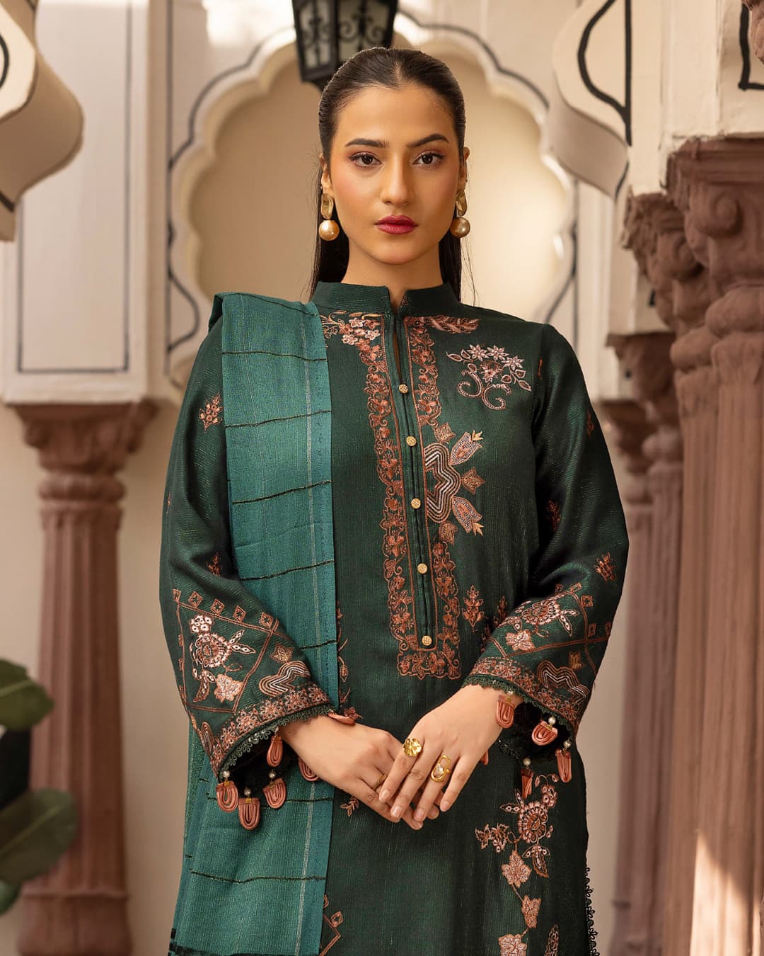 Samifa Presents Khubsurat By Nur Luxurious Embroidered Leather Winter 3Pc Unstitched Suit with Wool Border Shawl – Deep Forest