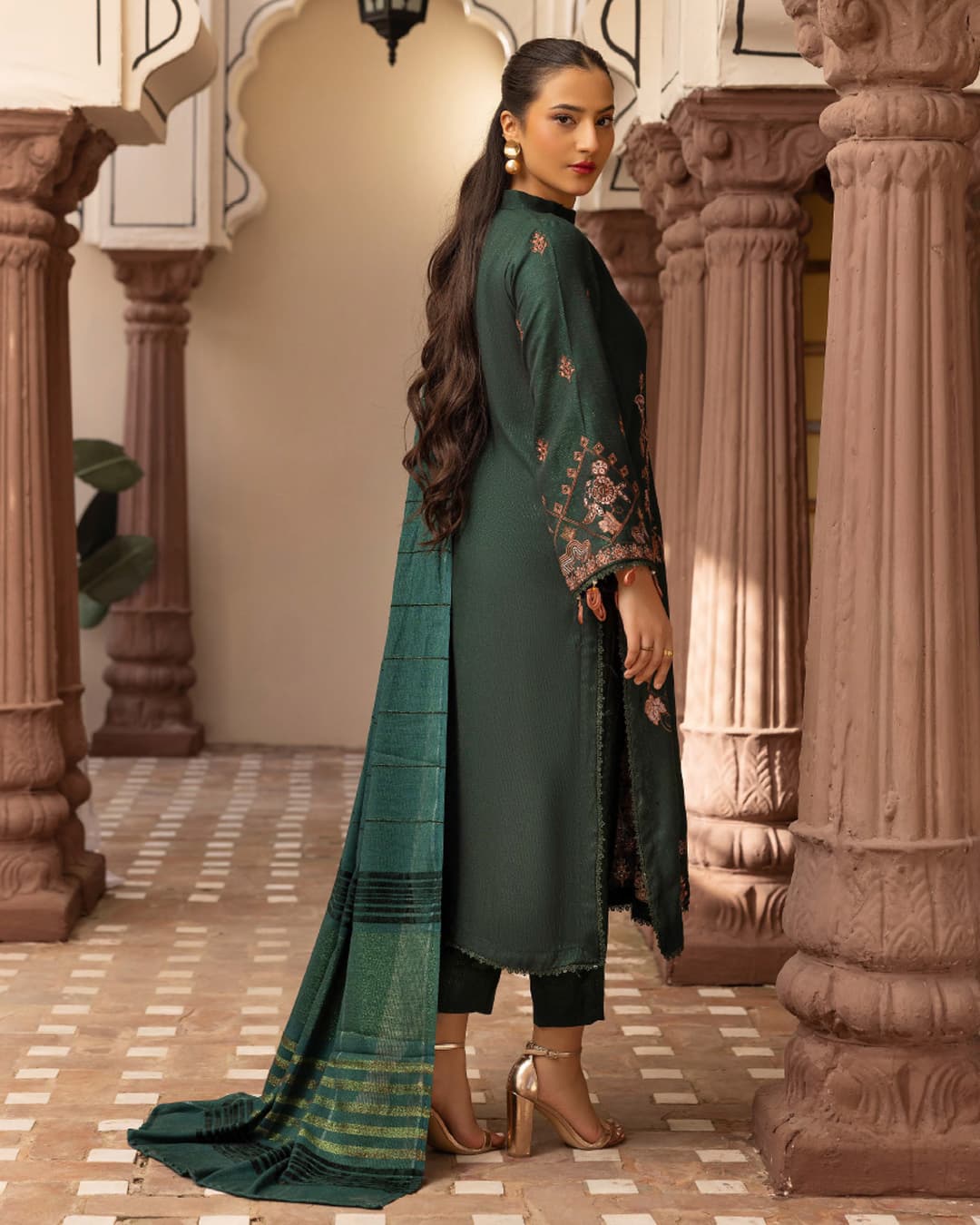 Samifa Presents Khubsurat By Nur Luxurious Embroidered Leather Winter 3Pc Unstitched Suit with Wool Border Shawl – Deep Forest