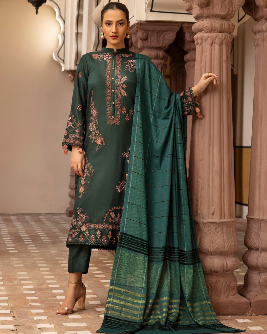 Samifa Presents Khubsurat By Nur Luxurious Embroidered Leather Winter 3Pc Unstitched Suit with Wool Border Shawl – Deep Forest