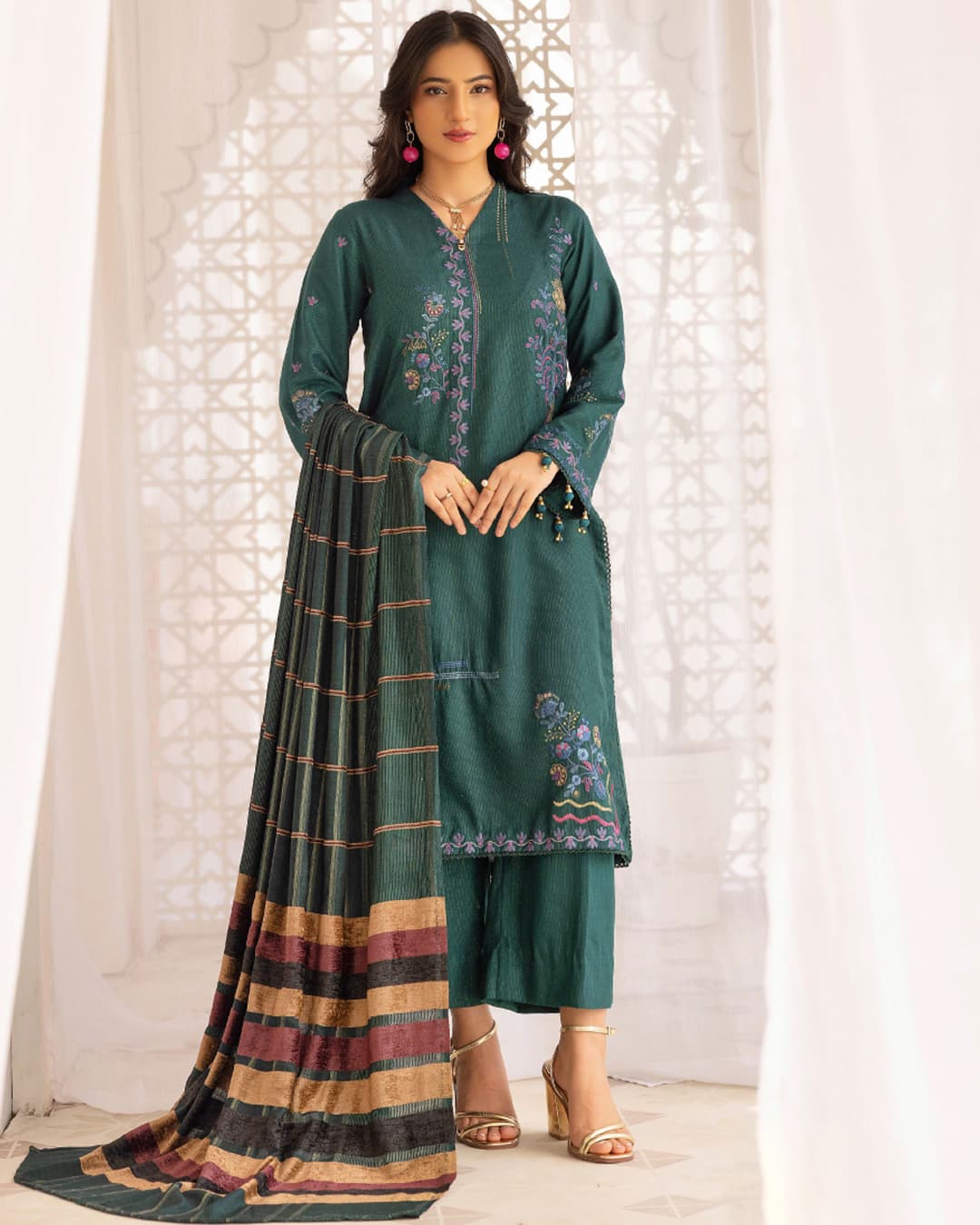 Samifa Presents Khubsurat By Nur Luxurious Embroidered Leather Winter 3Pc Unstitched Suit with Wool Border Shawl – Deep Teal Green