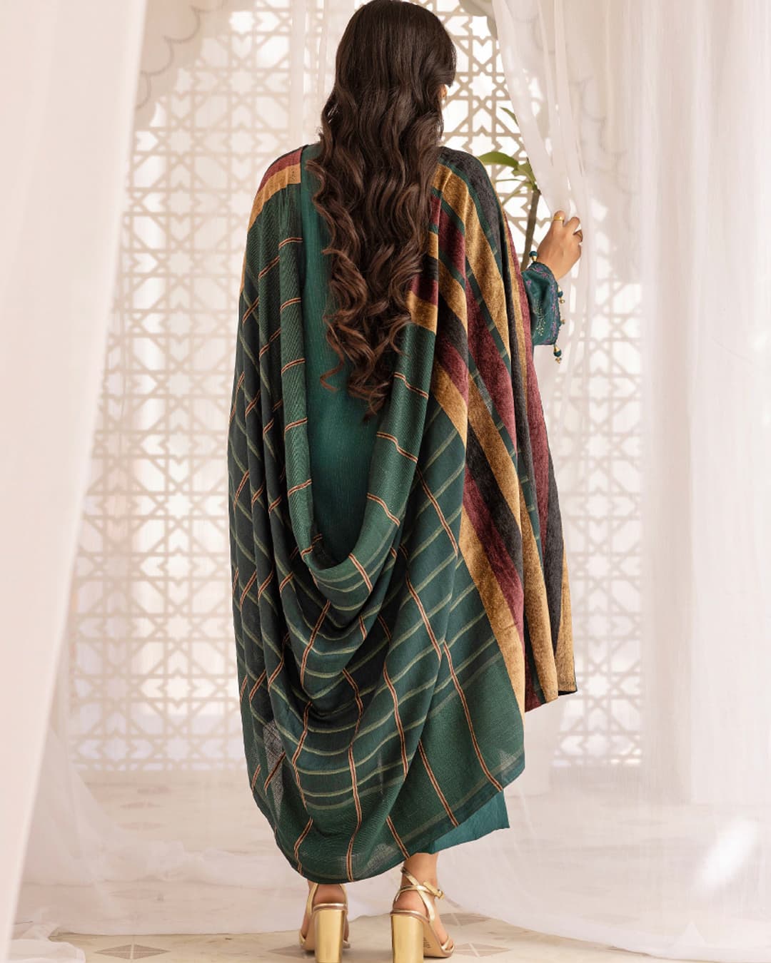 Samifa Presents Khubsurat By Nur Luxurious Embroidered Leather Winter 3Pc Unstitched Suit with Wool Border Shawl – Deep Teal Green