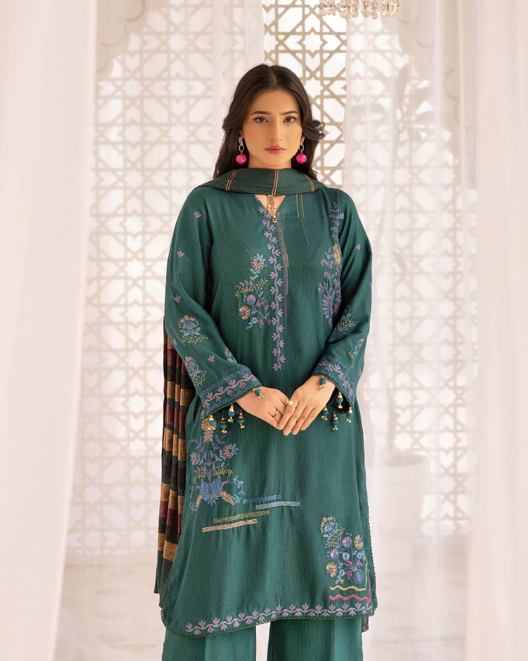 Samifa Presents Khubsurat By Nur Luxurious Embroidered Leather Winter 3Pc Unstitched Suit with Wool Border Shawl – Deep Teal Green