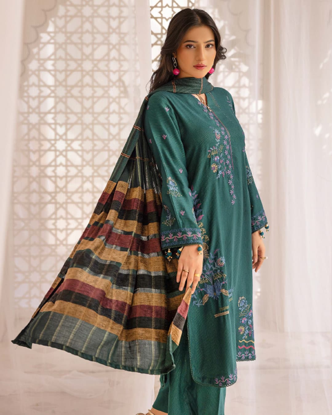 Samifa Presents Khubsurat By Nur Luxurious Embroidered Leather Winter 3Pc Unstitched Suit with Wool Border Shawl – Deep Teal Green