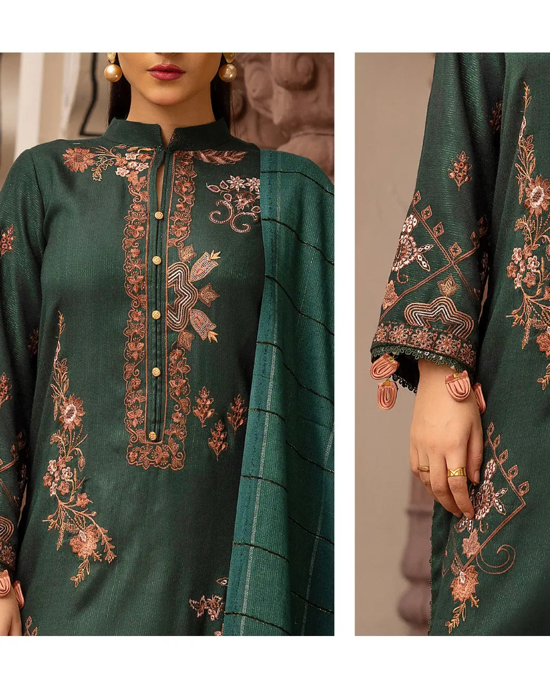 Samifa Presents Khubsurat By Nur Luxurious Embroidered Leather Winter 3Pc Unstitched Suit with Wool Border Shawl – Deep Forest