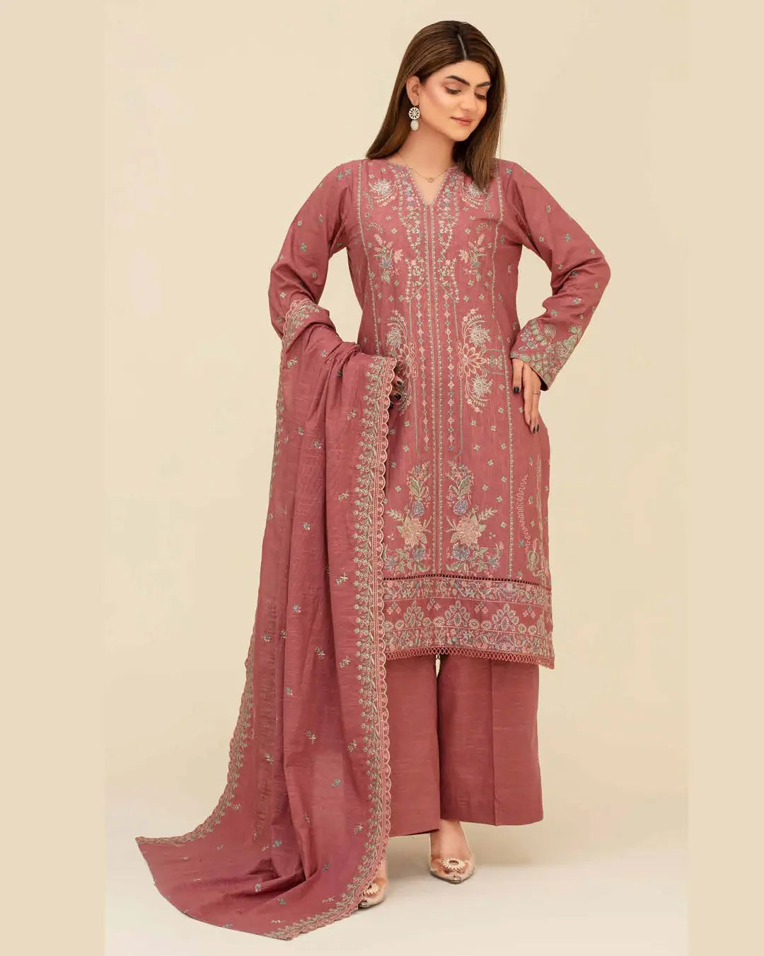 Samifa Presents Abro by Fiza Noor Unstitched Embroidered Winter Festival Branded Karandi 3 Pc Suit – Naranji
