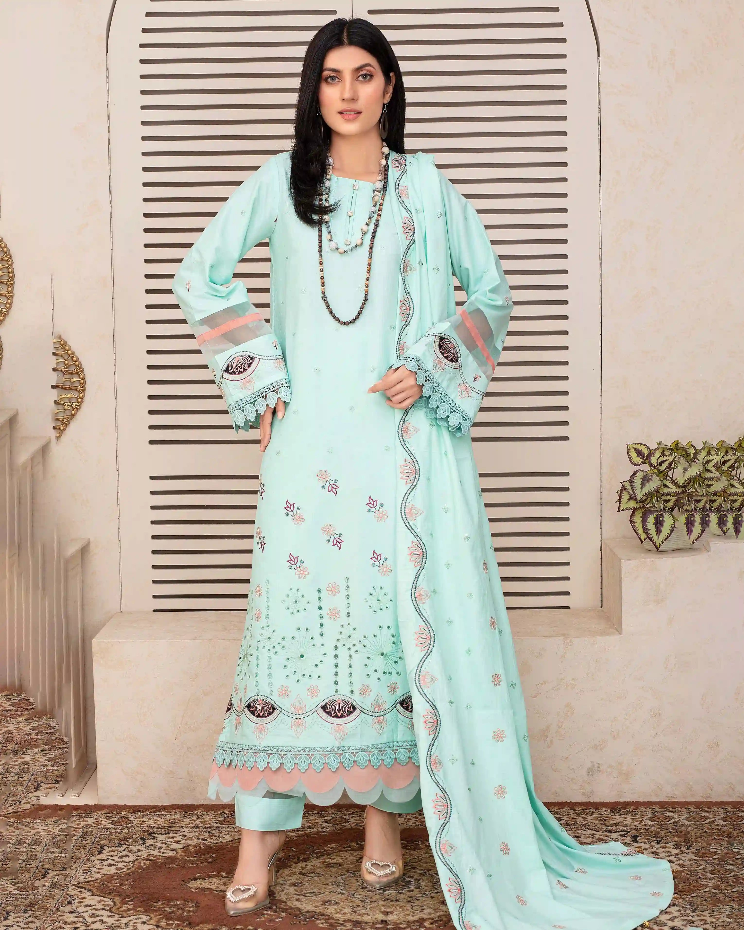 Samifa Presents Fiza Noor Unstitched Nikhar Winter Collection 3 Pc Embroidered Festival Linen – Pale Turquoise