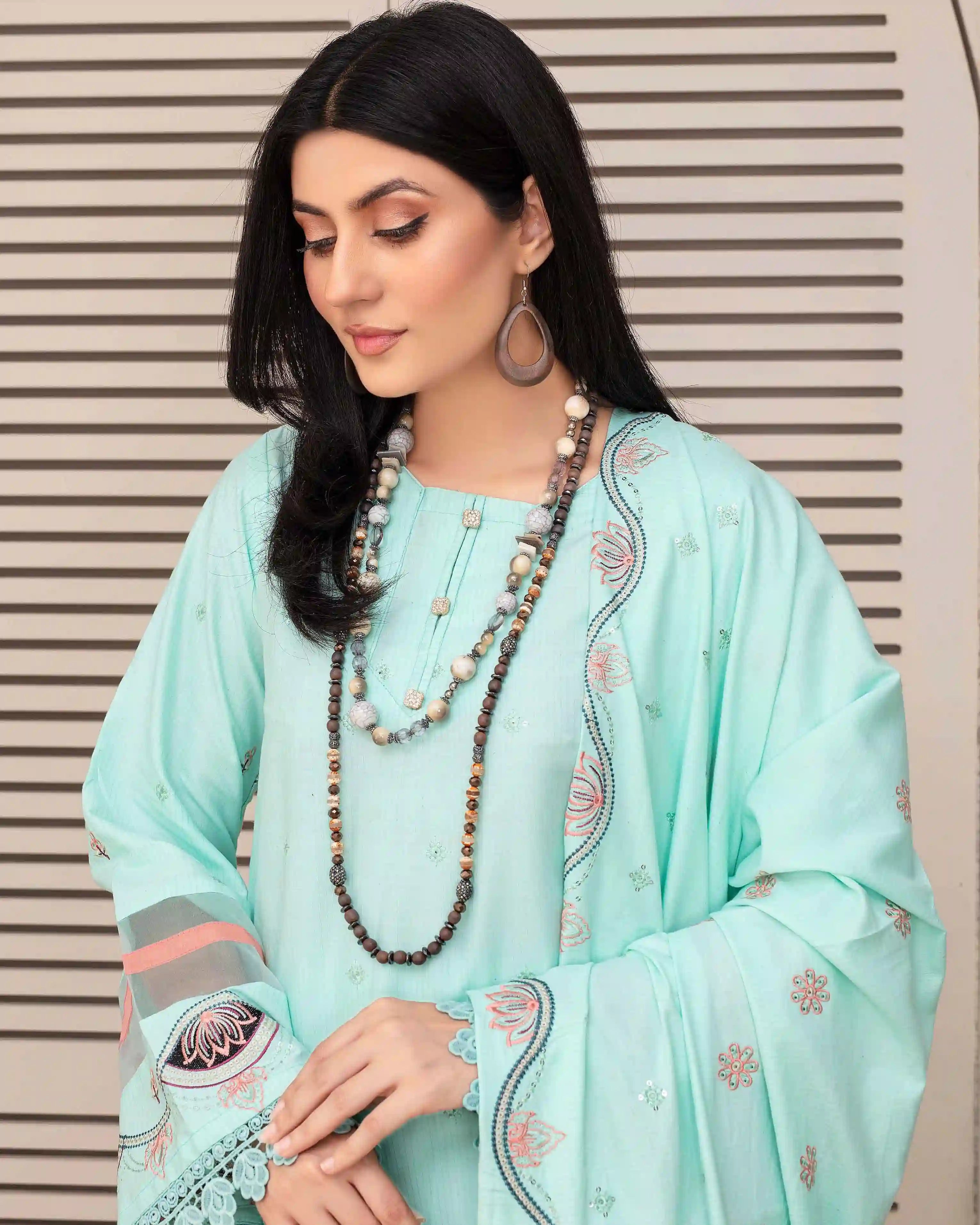 Samifa Presents Fiza Noor Unstitched Nikhar Winter Collection 3 Pc Embroidered Festival Linen – Pale Turquoise
