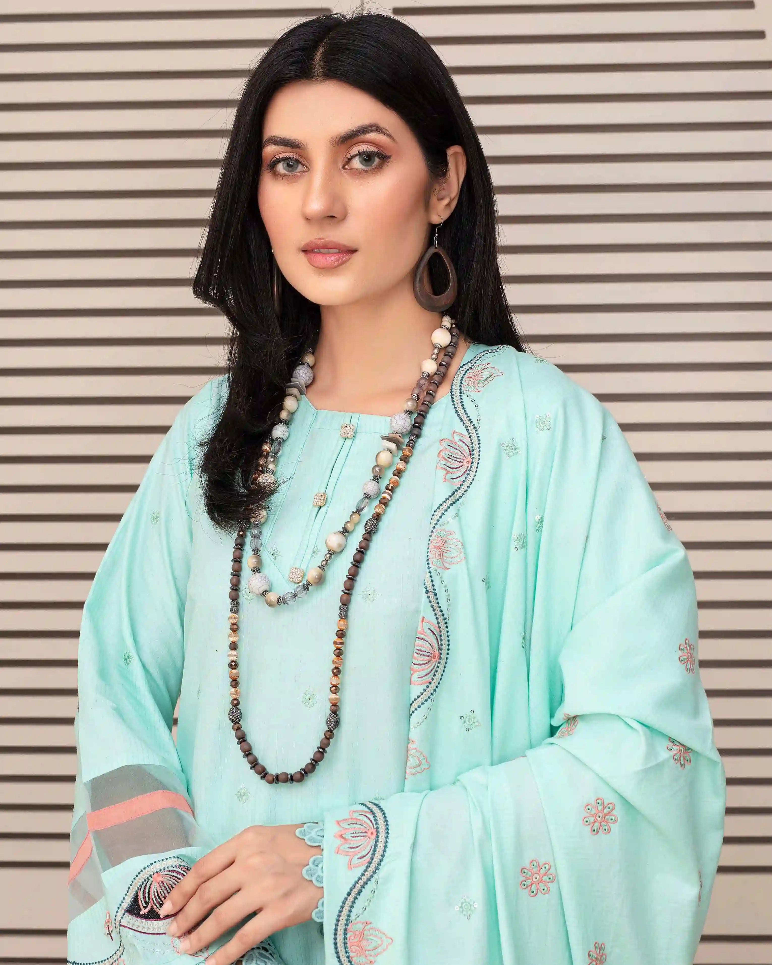 Samifa Presents Fiza Noor Unstitched Nikhar Winter Collection 3 Pc Embroidered Festival Linen – Pale Turquoise
