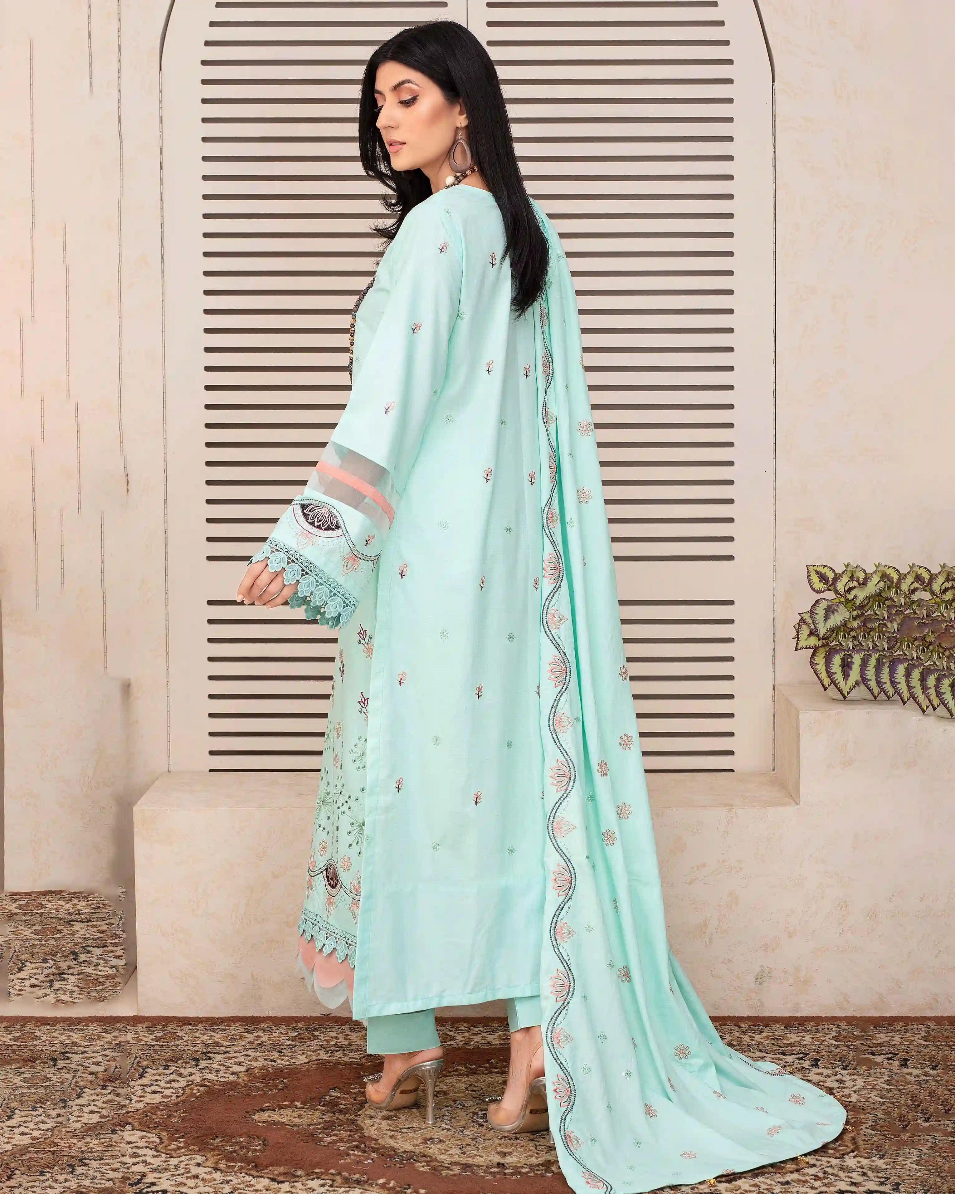 Samifa Presents Fiza Noor Unstitched Nikhar Winter Collection 3 Pc Embroidered Festival Linen – Pale Turquoise