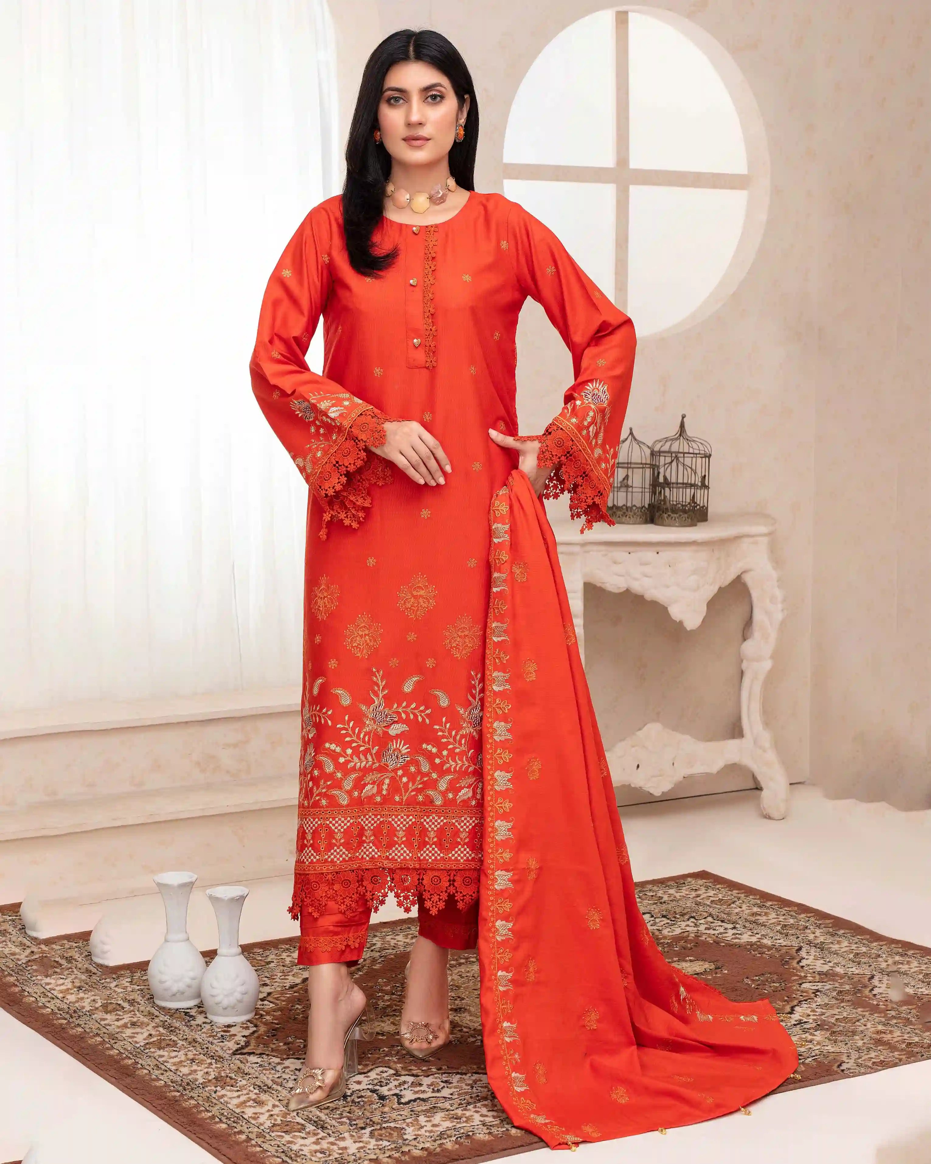 Samifa Presents Fiza Noor Unstitched Nikhar Winter Collection 3 Pc Embroidered Festival Linen – Strong Vermilion