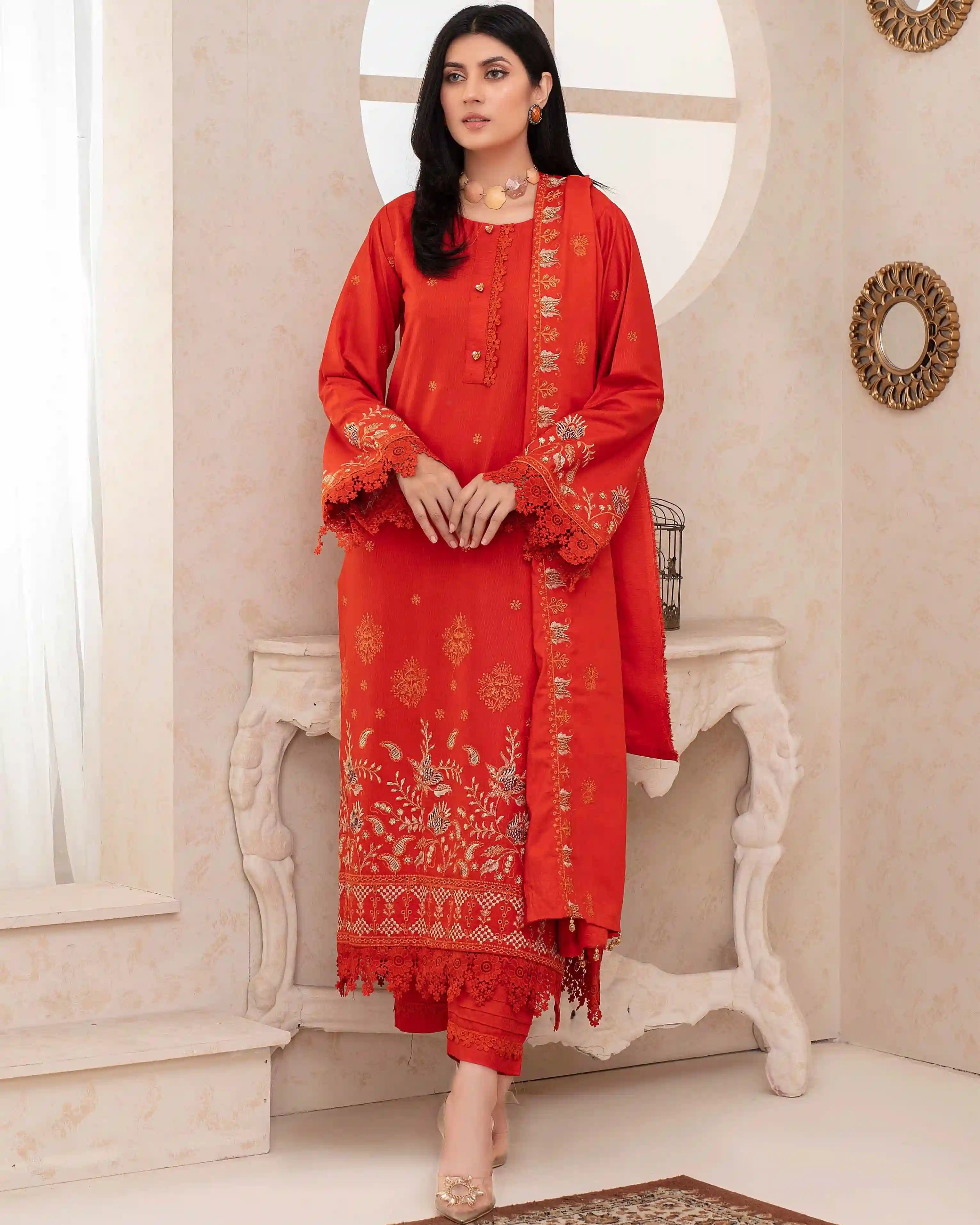 Samifa Presents Fiza Noor Unstitched Nikhar Winter Collection 3 Pc Embroidered Festival Linen – Strong Vermilion