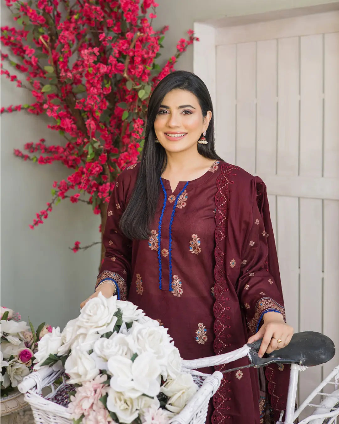 Samifa Presents Bonanza Branded Unstitched Luxury Jacquard Embroidered Collection with Cutwork Dupatta – Deep Plum Maroon