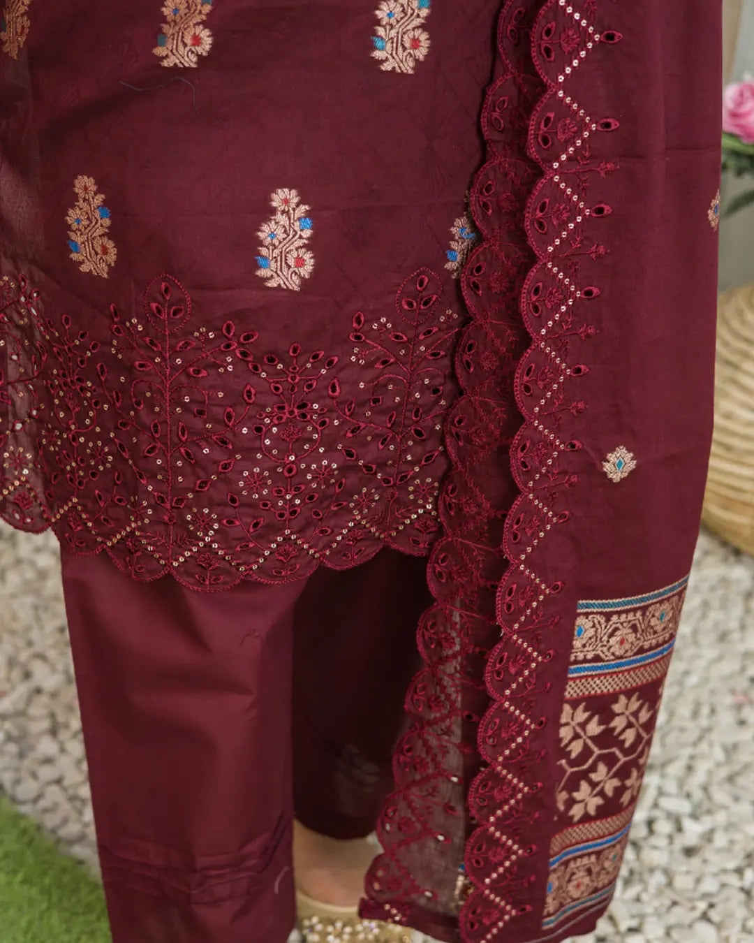 Samifa Presents Bonanza Branded Unstitched Luxury Jacquard Embroidered Collection with Cutwork Dupatta – Deep Plum Maroon