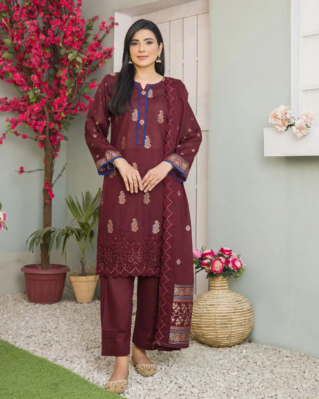 Samifa Presents Bonanza Branded Unstitched Luxury Jacquard Embroidered Collection with Cutwork Dupatta – Deep Plum Maroon