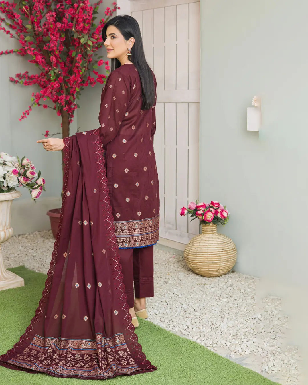 Samifa Presents Bonanza Branded Unstitched Luxury Jacquard Embroidered Collection with Cutwork Dupatta – Deep Plum Maroon