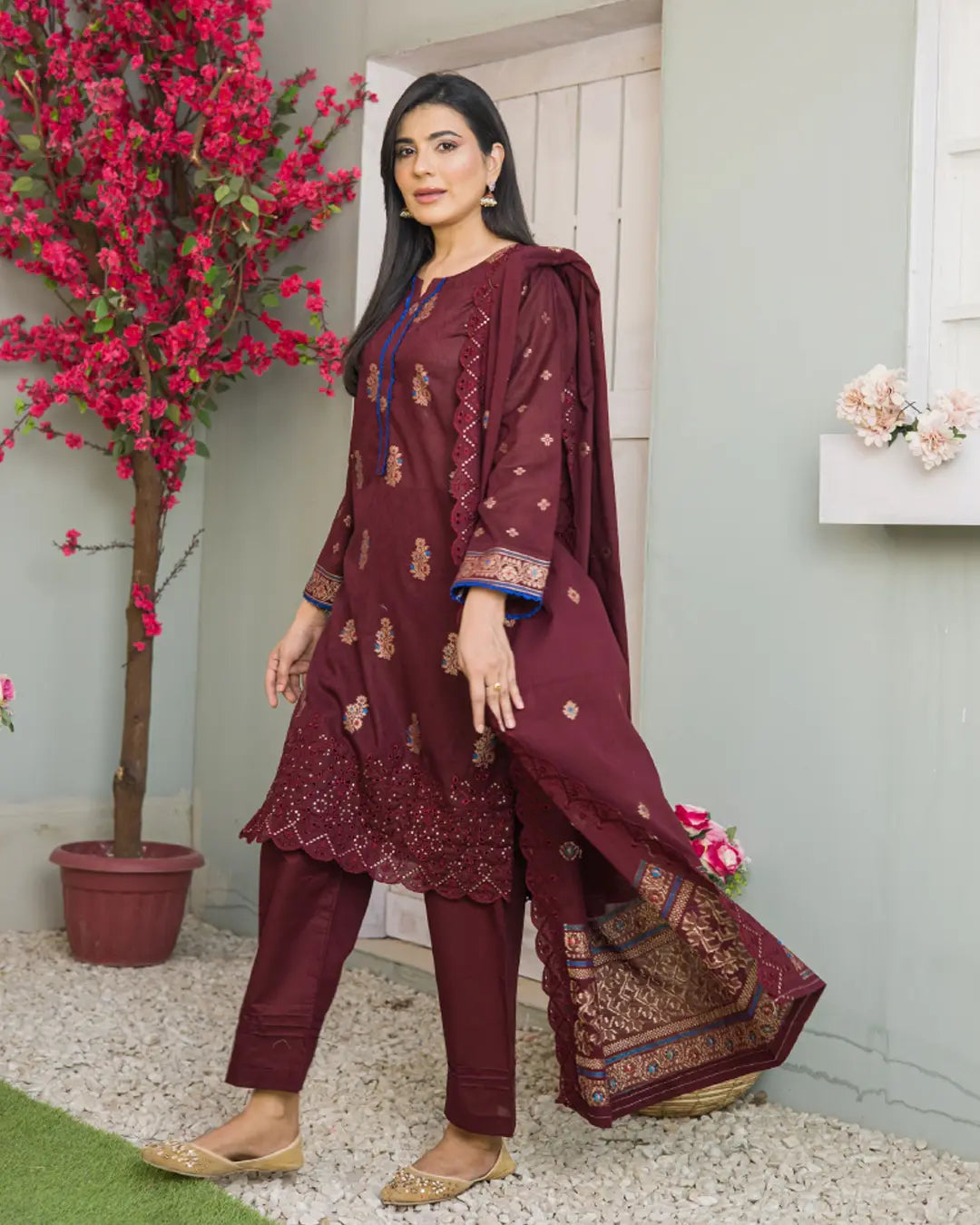 Samifa Presents Bonanza Branded Unstitched Luxury Jacquard Embroidered Collection with Cutwork Dupatta – Deep Plum Maroon