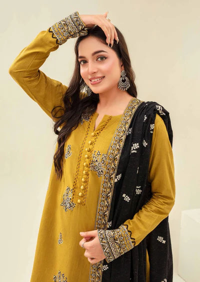Samifa Presents Abro by Fiza Noor Unstitched Embroidered Winter Festival Branded Karandi 3 Pc Suit – Golden Mustard