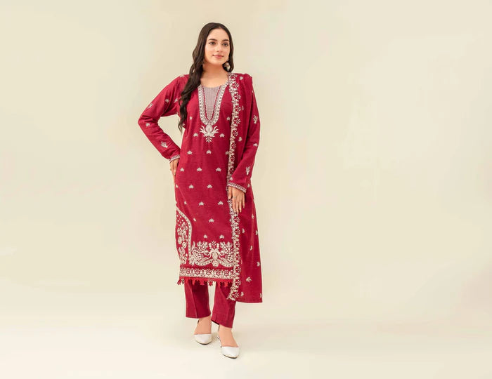 Samifa Presents Abro by Fiza Noor Unstitched Embroidered Winter Festival Branded Karandi 3 Pc Suit – Crimson Red